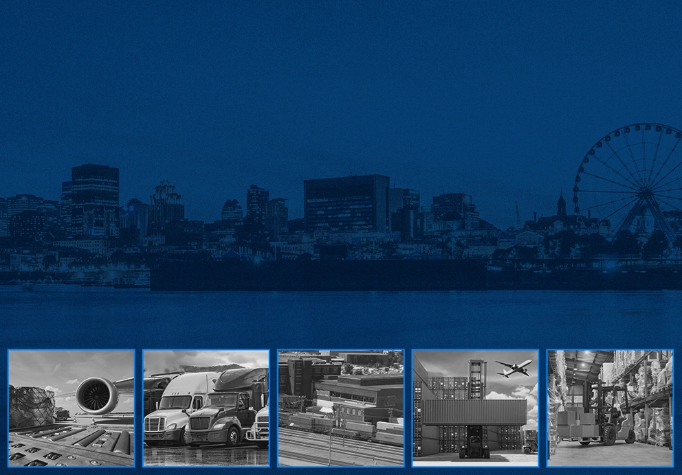 Old Montreal seaport with photos of air freight, trucks, rail freight, container yard and warehouse